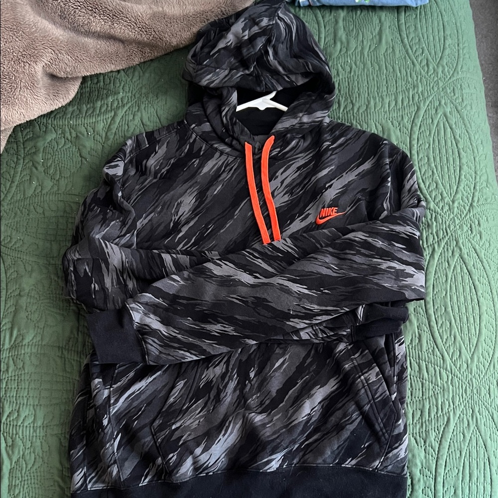 Nike Black and Gray Patterned Hoodie with orange Accents